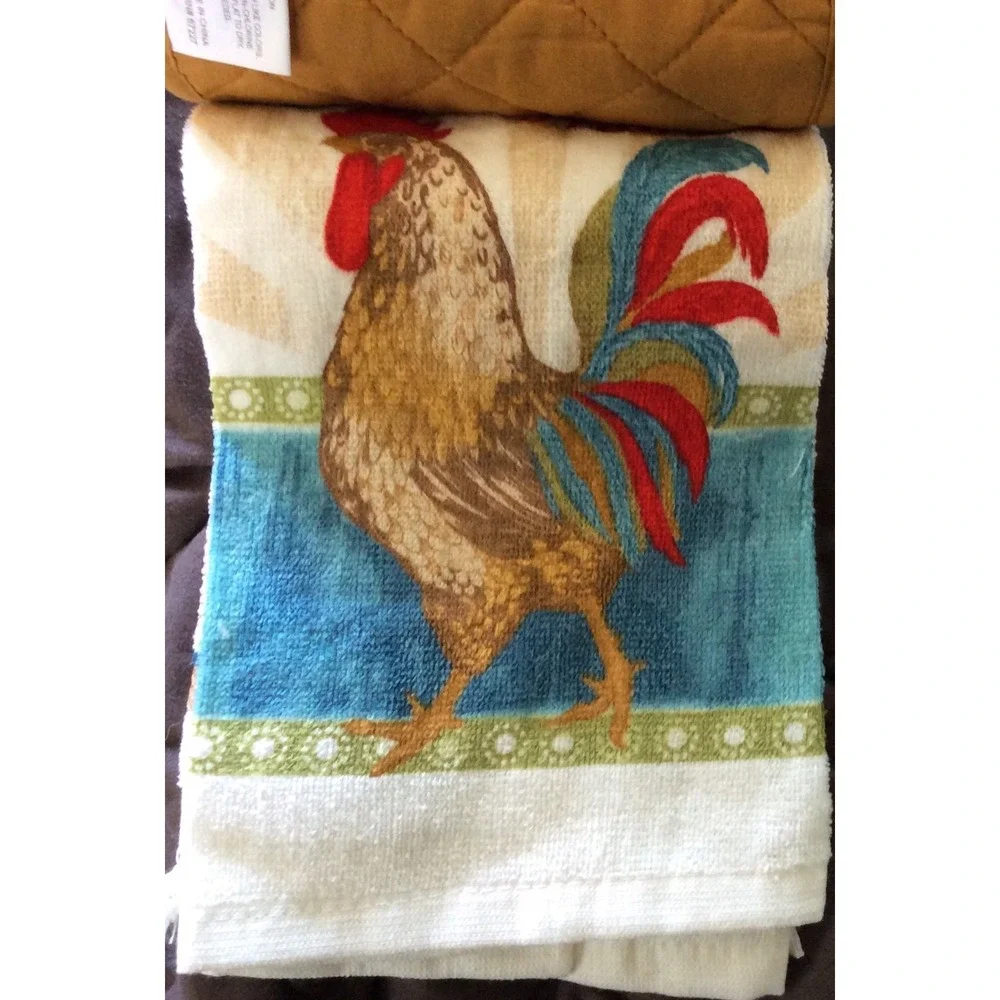 4 Piece Rooster Chicken‎ Pig Cow Set Kitchen Dish Hand Towel Pot Holder NEW
